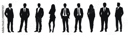 Business people in formal attire standing confidently, vector illustration. Group of men and women in professional outfits, representing corporate roles and office environments.