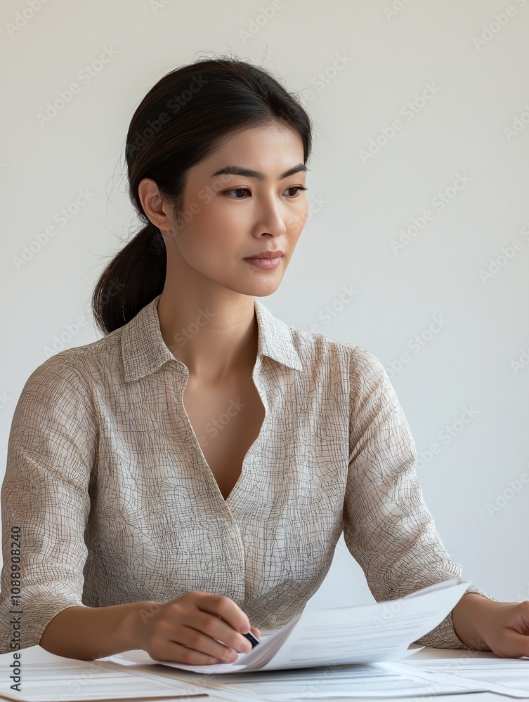 Focused professional woman reviewing documents at home office natural light Focused professional woman reviewing documents at home office natural light