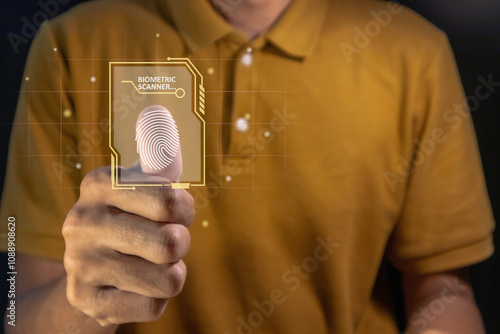 Man scanning fingerprint on virtual screen. Fingerprint identification to access personal data. photo