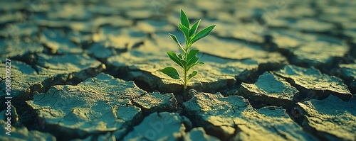 Small green bush in dried brown cracked earth, symbolizing life, hope, and environmental resilience against the backdrop of climate change photo