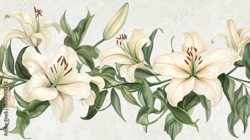 Wallpaper Mural White Lilies with Green Foliage on a Beige Background Torontodigital.ca