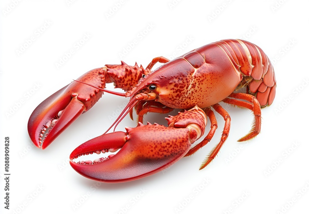 Close-up of vibrant red lobster with prominent claws on a clean white background, showcasing intricate details of shell and texture for culinary or seafood themes. Close-up of vibrant red lobster with prominent claws on a clean white background, showcasing intricate details of shell and texture for culinary or seafood themes.