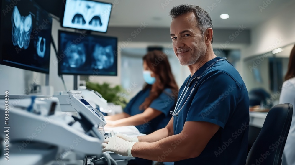 Two healthcare professionals in scrubs working in a medical setting with various medical equipment and X-ray images displayed on monitors. Two healthcare professionals in scrubs working in a medical setting with various medical equipment and X-ray images displayed on monitors.