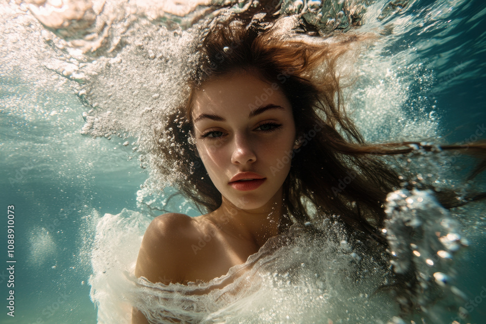 Obraz premium Ethereal portrait of a young woman submerged underwater, surrounded by bubbles and sunlight, evoking a serene and mystical atmosphere.