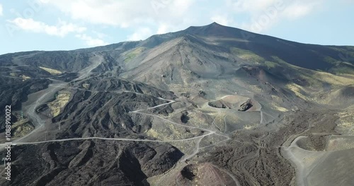 Aerial view, drone flight over Etna national park, view of volcanic landscape in Sicily, Italy
