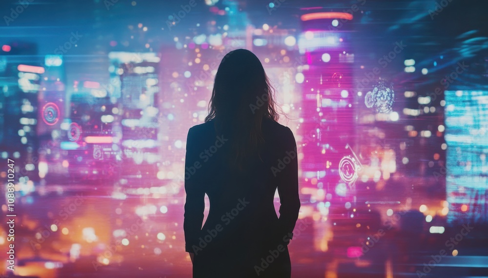 Silhouette of a Businesswoman Against a Vibrant Cityscape at Night with Neon Lights and Blurred Background Creating a Futuristic Atmosphere Silhouette of a Businesswoman Against a Vibrant Cityscape at Night with Neon Lights and Blurred Background Creating a Futuristic Atmosphere