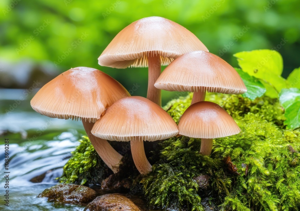 A cluster of mushrooms growing on moss near a stream in a lush green environment. A cluster of mushrooms growing on moss near a stream in a lush green environment.