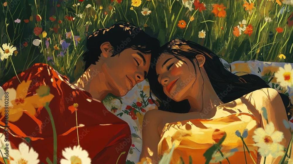 Fototapeta premium couple lying on a picnic blanket in a sunlit meadow