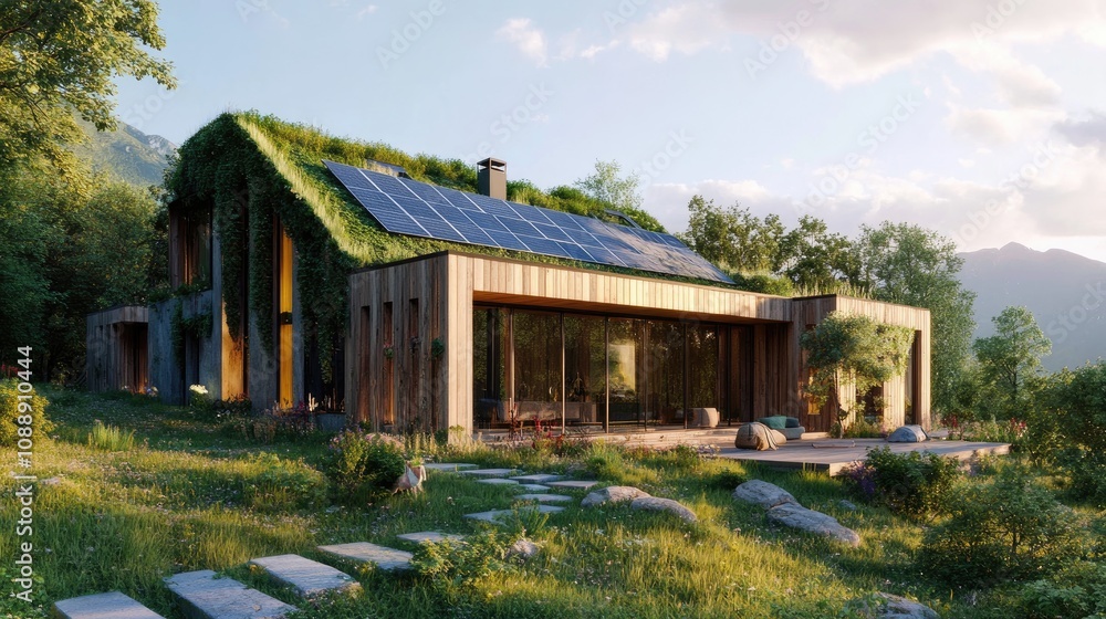 Sustainable wooden home with green roof, solar panels, surrounded by nature Sustainable wooden home with green roof, solar panels, surrounded by nature
