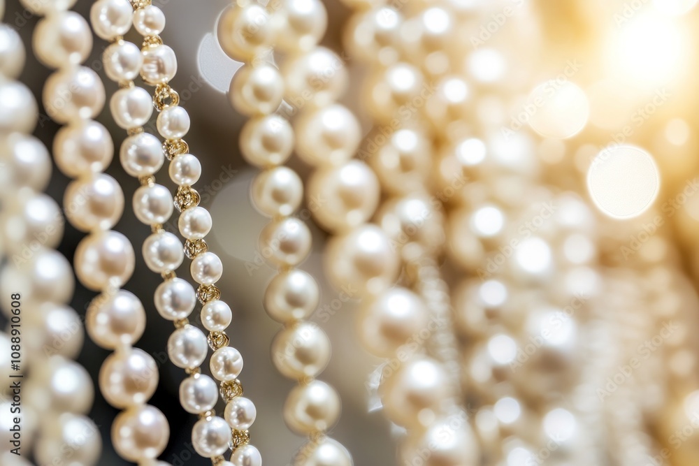 Close-up of elegant pearl necklaces with a soft, glowing background. Close-up of elegant pearl necklaces with a soft, glowing background.