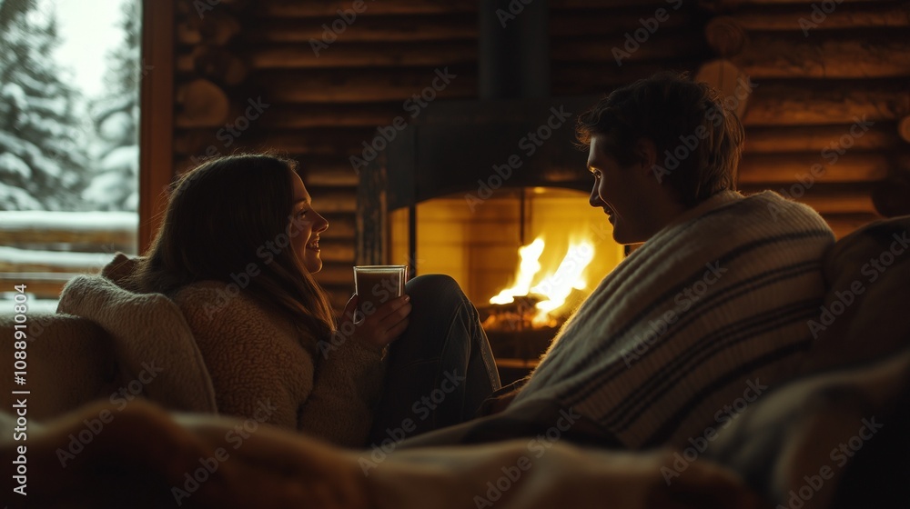 couple sitting by a fireplace in a cozy cabin, wrapped in blankets couple sitting by a fireplace in a cozy cabin, wrapped in blankets