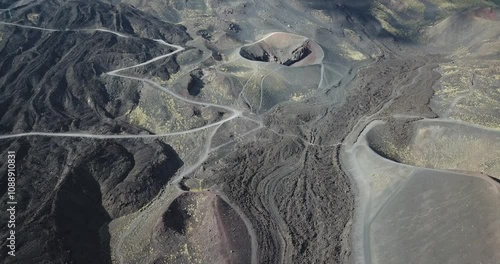 Aerial view, drone flight over Etna national park, view of volcanic landscape in Sicily, Italy