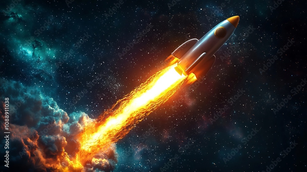 Glowing Rocket Launching into Space Leaving Trail of Successful Marketing Endeavors Glowing Rocket Launching into Space Leaving Trail of Successful Marketing Endeavors