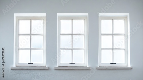 Three white-framed windows on a light wall, providing a bright and airy atmosphere.