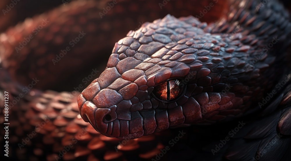 A close-up of a textured, dark-scaled snake with a striking eye. A close-up of a textured, dark-scaled snake with a striking eye.