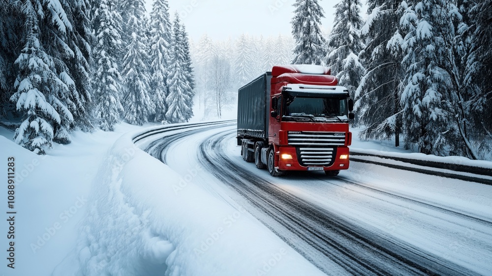 Red truck navigating a snowy winding road amidst snow-covered evergreen trees in a winter forest landscape Red truck navigating a snowy winding road amidst snow-covered evergreen trees in a winter forest landscape