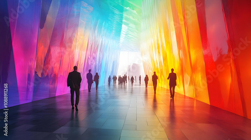 People walking in a modern hallway with colorful glass walls and sunlight at the end of the corridor