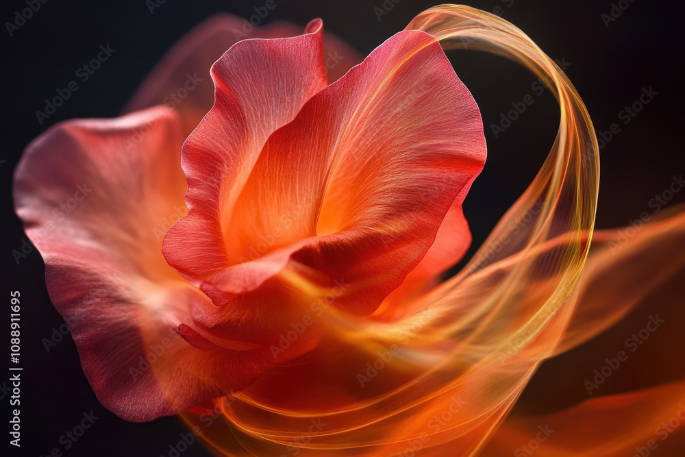 Vibrant red-orange flower with swirling ethereal light trails against a dark background, creating a sense of movement and mystique. Vibrant red-orange flower with swirling ethereal light trails against a dark background, creating a sense of movement and mystique.