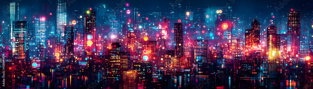 Fototapeta premium Futuristic cityscape with glowing lights and digital data at night