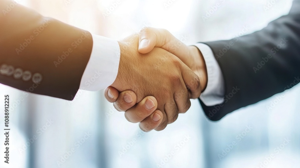 Close-up of Two Business Professionals Engaging in a Firm Handshake, Symbolizing Trust, Partnership, and Successful Collaboration in a Modern Office Environment Close-up of Two Business Professionals Engaging in a Firm Handshake, Symbolizing Trust, Partnership, and Successful Collaboration in a Modern Office Environment