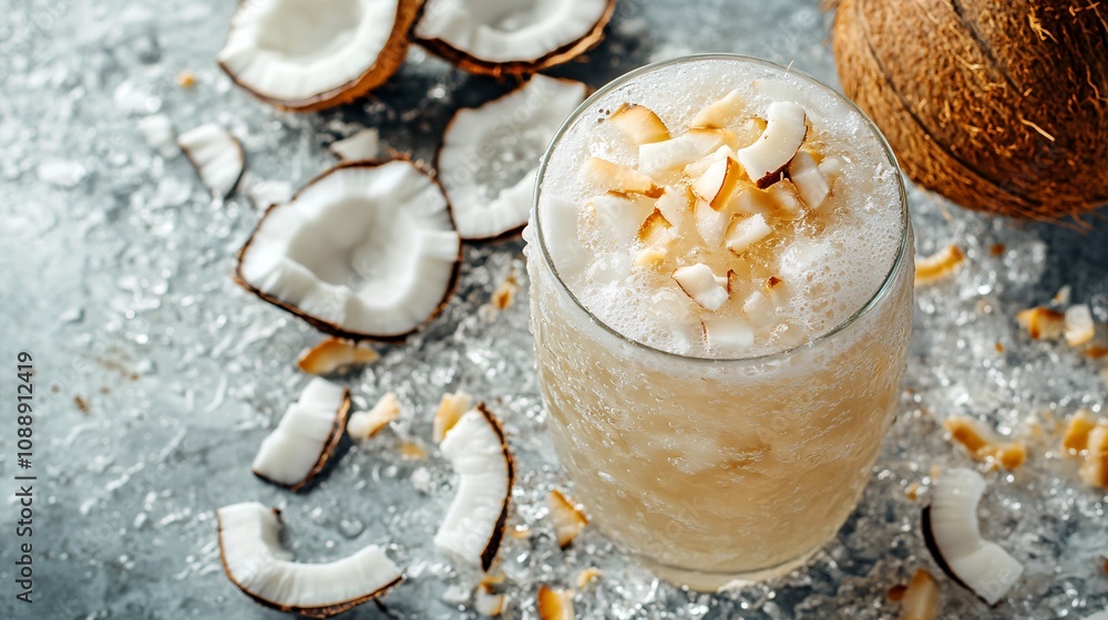 45-degree topview Isolated on background a creamy coconut soda with translucent coconut water layered under sparkling soda topped with coconut pieces splashing gently on a soft white background with 45-degree topview Isolated on background a creamy coconut soda with translucent coconut water layered under sparkling soda topped with coconut pieces splashing gently on a soft white background with