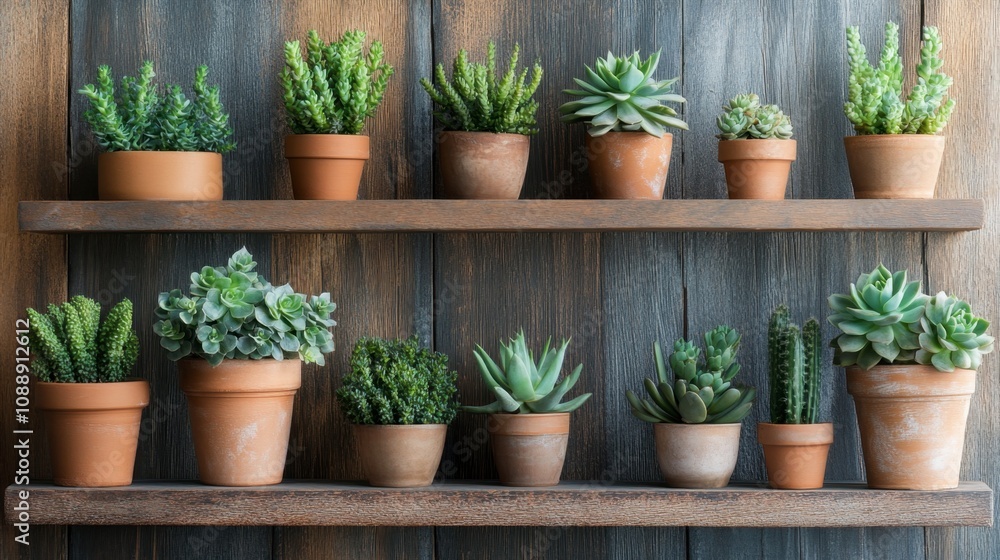 Beautiful Arrangement of Various Succulent Plants Displayed in Earthen Pots on Wooden Shelves Against a Rustic Wooden Background Beautiful Arrangement of Various Succulent Plants Displayed in Earthen Pots on Wooden Shelves Against a Rustic Wooden Background