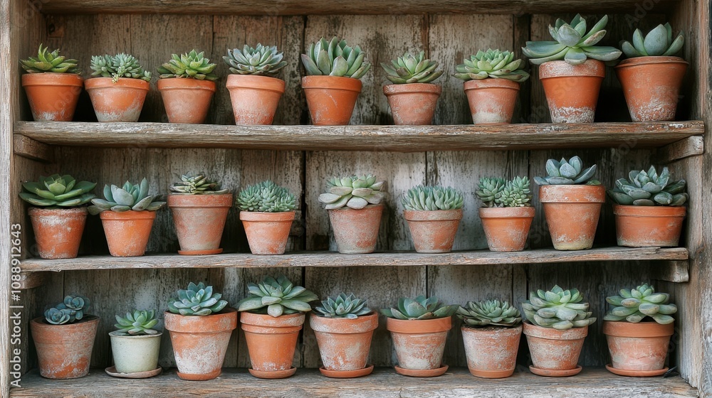 A Beautiful Display of Succulents in Terracotta Pots on a Rustic Wooden Shelf, Showcasing Varied Shapes and Textures of These Hardy Plants A Beautiful Display of Succulents in Terracotta Pots on a Rustic Wooden Shelf, Showcasing Varied Shapes and Textures of These Hardy Plants
