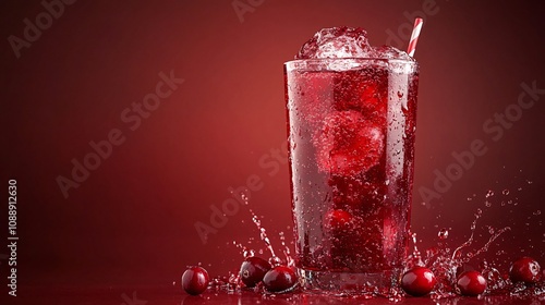 45-degree topview Isolated on background a tart cranberry soda drink with deep red cranberry juice layered beneath soda and garnished with cranberries splashing vibrantly on a matching red background photo