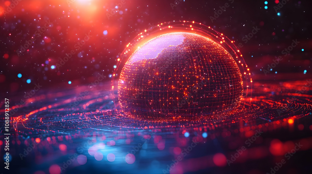 Glowing Globe with Network Connections Represents Global Communication in Space Glowing Globe with Network Connections Represents Global Communication in Space