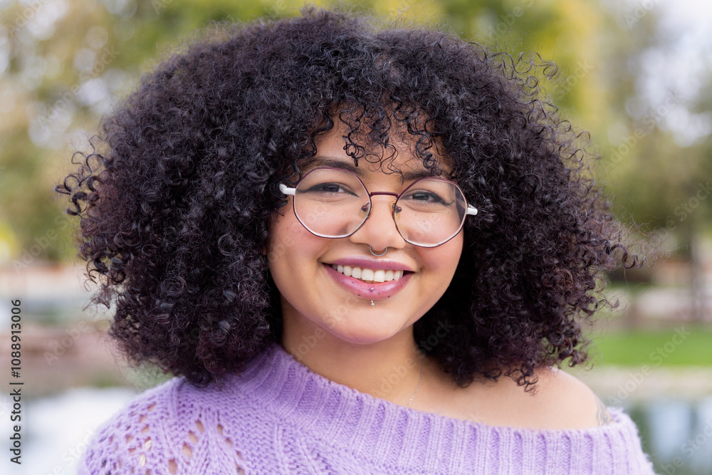 Smiling Afro-Latino Girl with Curly Hair in Casual Style Smiling Afro-Latino Girl with Curly Hair in Casual Style