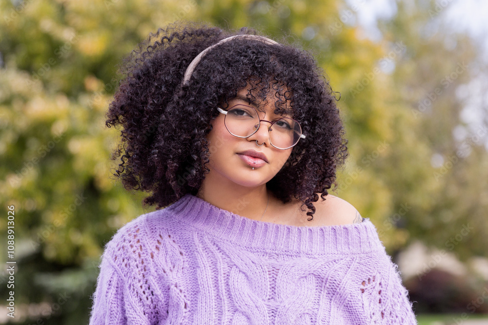 Afro-Latino Girl in Lavender Sweater Enjoying Outdoor Day Afro-Latino Girl in Lavender Sweater Enjoying Outdoor Day