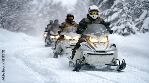 Adventurous Group of Snowmobiles Navigating Through a Snowy Winter Wonderland Landscape with Trees and Soft Light Background photo