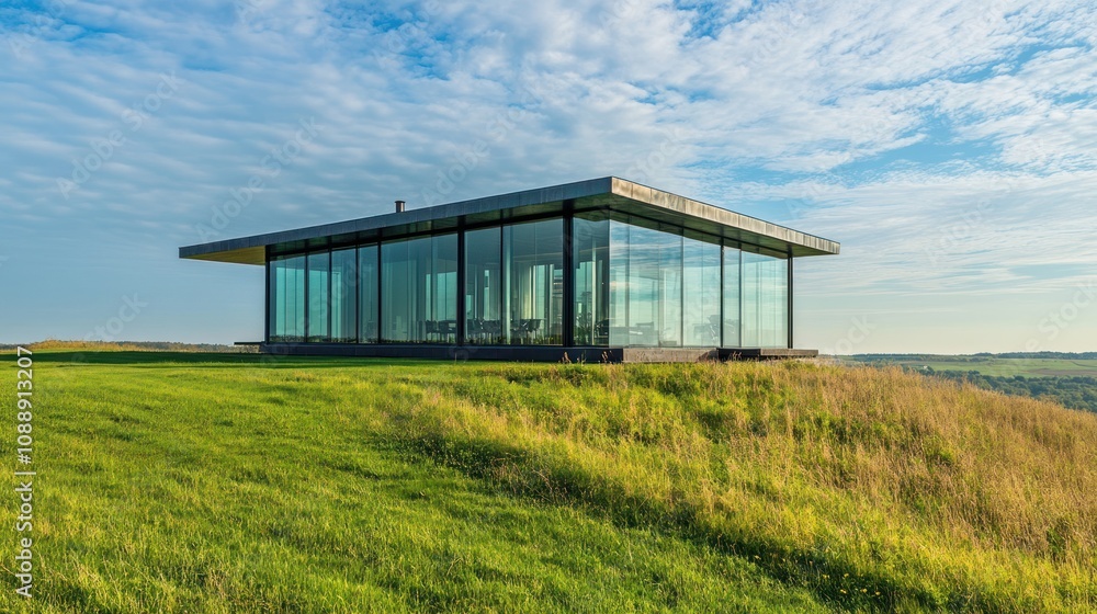 Minimalist glass house on a hill, panoramic landscape view, clean lines Minimalist glass house on a hill, panoramic landscape view, clean lines