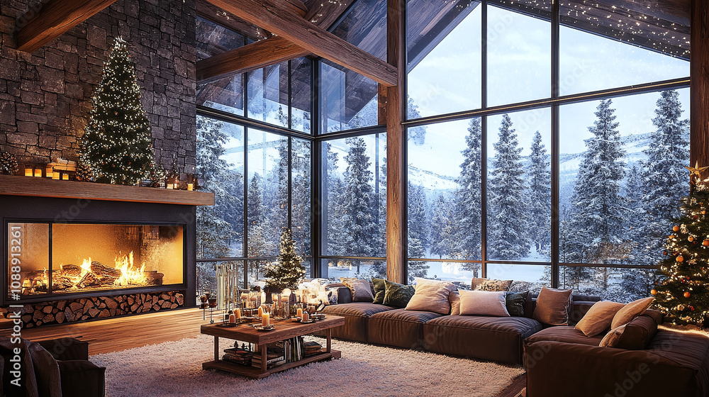Fototapeta premium Cozy living toom interior with large windows and a fireplace, winter christmas setting
