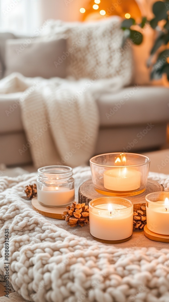 Cozy living space features eco-friendly candles and organic textiles for sustainability Cozy living space features eco-friendly candles and organic textiles for sustainability