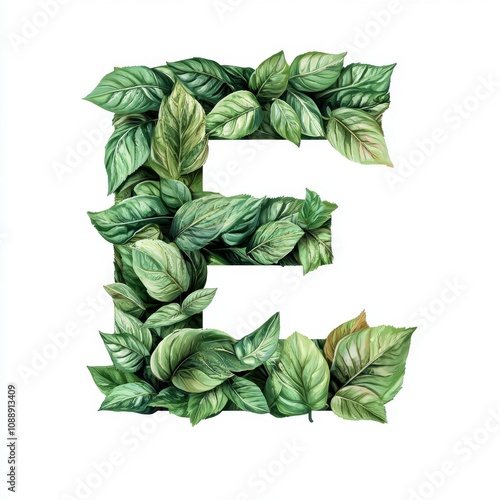 A decorative letter "E" composed of vibrant green leaves, symbolizing nature and growth.
