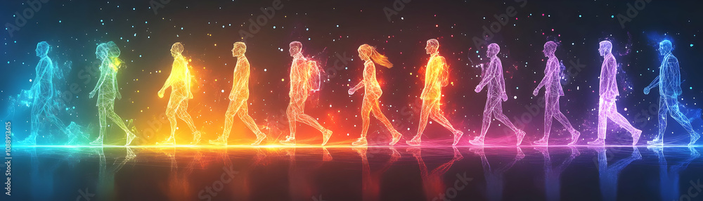 Fototapeta premium Abstract Rainbow Light Trail Follows Glowing People Walking Forward