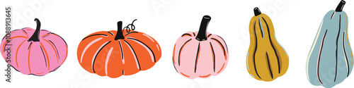 Hand drawn cute colorful pumpkin illustration for fall themed and thanksgiving celebration. 