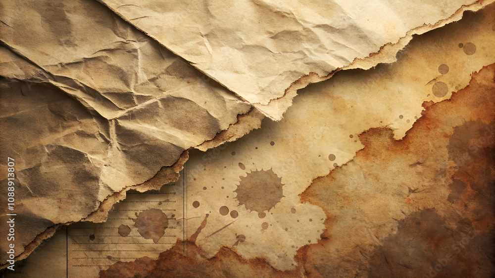 Crumpled antique paper background with stains and textures for vintage design and creative projects, copy space
