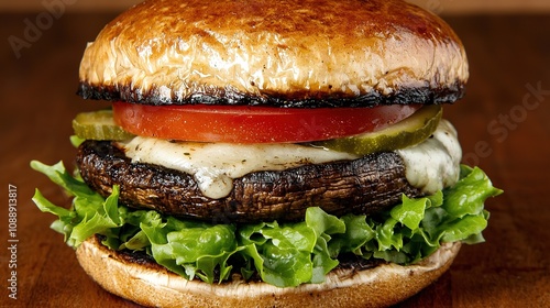 Delicious grilled portobello mushroom burger with fresh lettuce outdoor picnic food photography natural light vegan delight photo