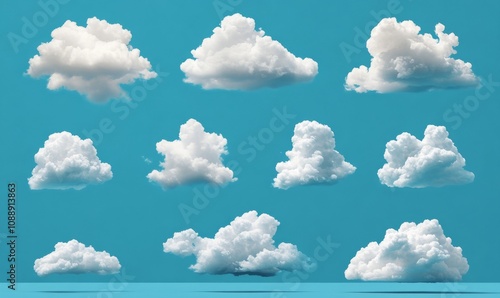 Set of clouds in an illustration on a blue background. White cloud collection, white cloud illustration