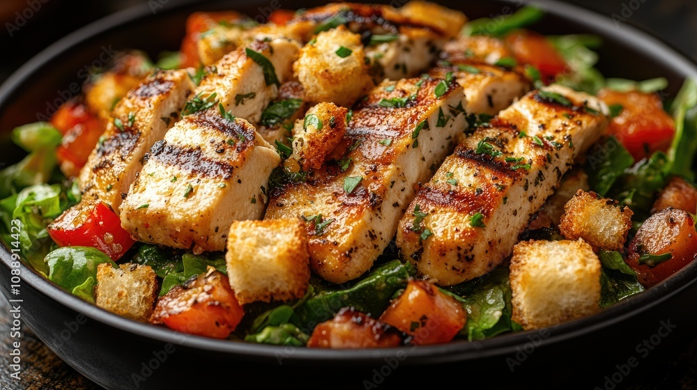 Grilled chicken salad with croutons, tomatoes, and spinach in a bowl. Grilled chicken salad with croutons, tomatoes, and spinach in a bowl.