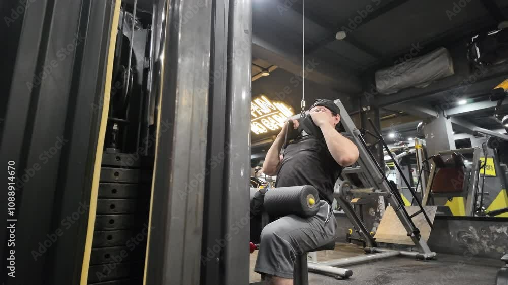 Handsome Man Performing Close-Grip Front Lat Pulldown on Gym Machine, Focusing on Back Muscles and Back Development During Workout,Side View Handsome Man Performing Close-Grip Front Lat Pulldown on Gym Machine, Focusing on Back Muscles and Back Development During Workout,Side View