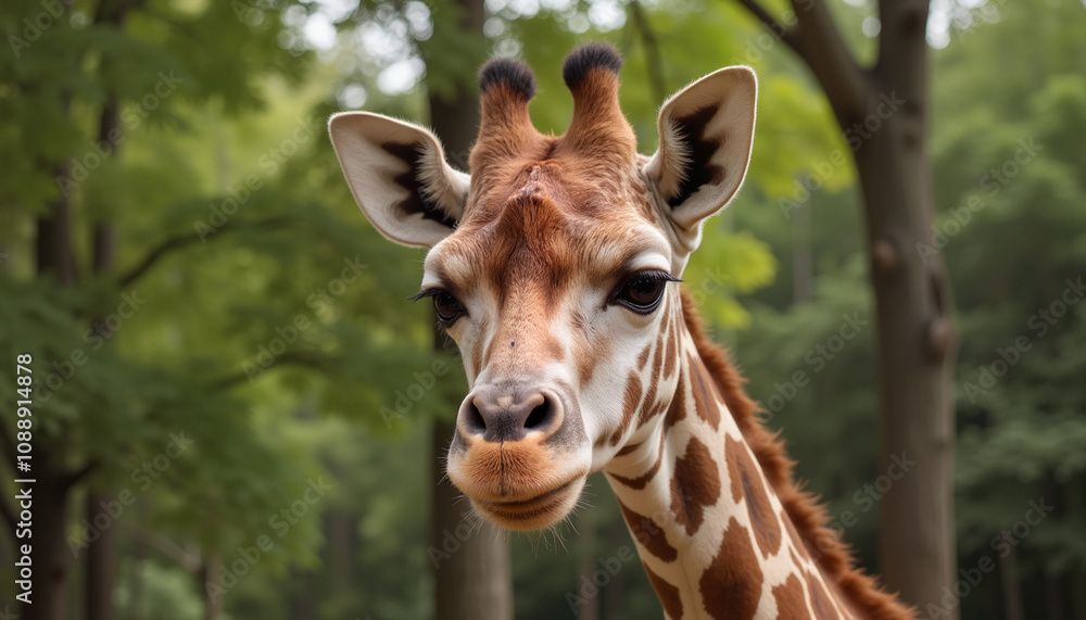 Giraffe looking at the camera in close-up in the forest Giraffe looking at the camera in close-up in the forest