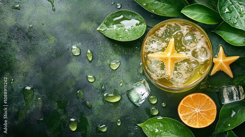 45-degree topview Isolated on background a unique star fruit soda with pale green juice layering under sparkling soda topped with star fruit slices creating an elegant splash on a tropical green 45-degree topview Isolated on background a unique star fruit soda with pale green juice layering under sparkling soda topped with star fruit slices creating an elegant splash on a tropical green