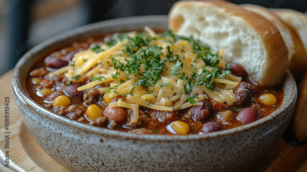 Hearty chili bowl with shredded cheese, parsley, and crusty bread. Hearty chili bowl with shredded cheese, parsley, and crusty bread.