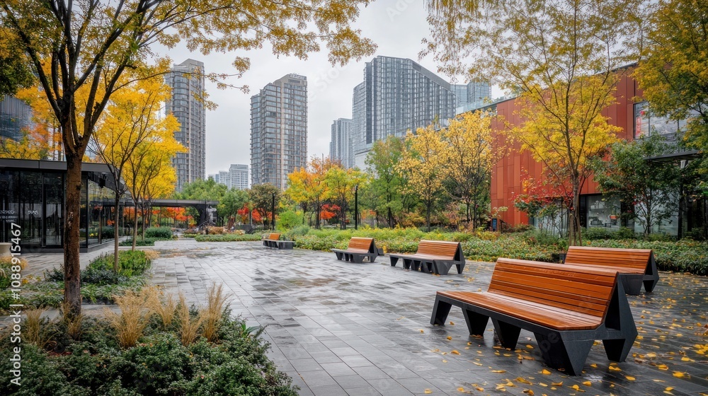 A serene urban park with benches and colorful autumn foliage amidst modern buildings. A serene urban park with benches and colorful autumn foliage amidst modern buildings.