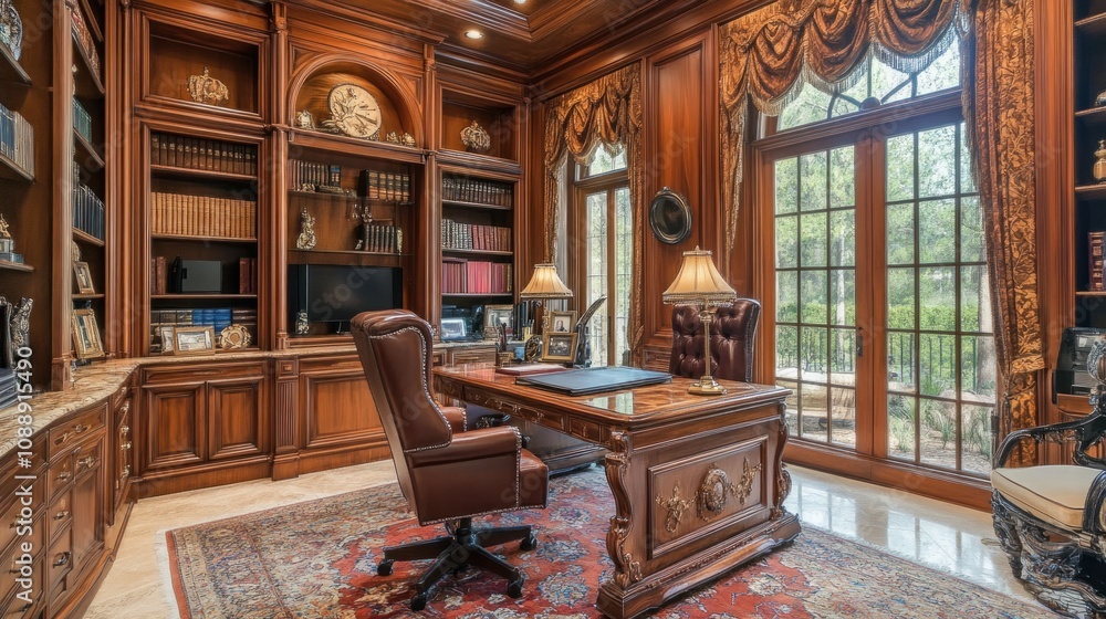 Fototapeta premium Luxury study room with custom-made desk, high-back leather chair, intricate woodwork, marble flooring, and opulent decor