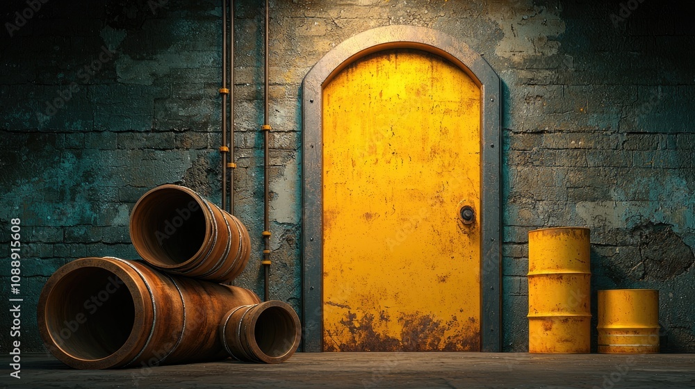 A vibrant yellow door stands against a textured wall, accompanied by stacked barrels, creating an industrial atmosphere. A vibrant yellow door stands against a textured wall, accompanied by stacked barrels, creating an industrial atmosphere.