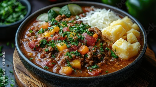 Hearty beef stew with vegetables, cheese, and herbs in a dark bowl.